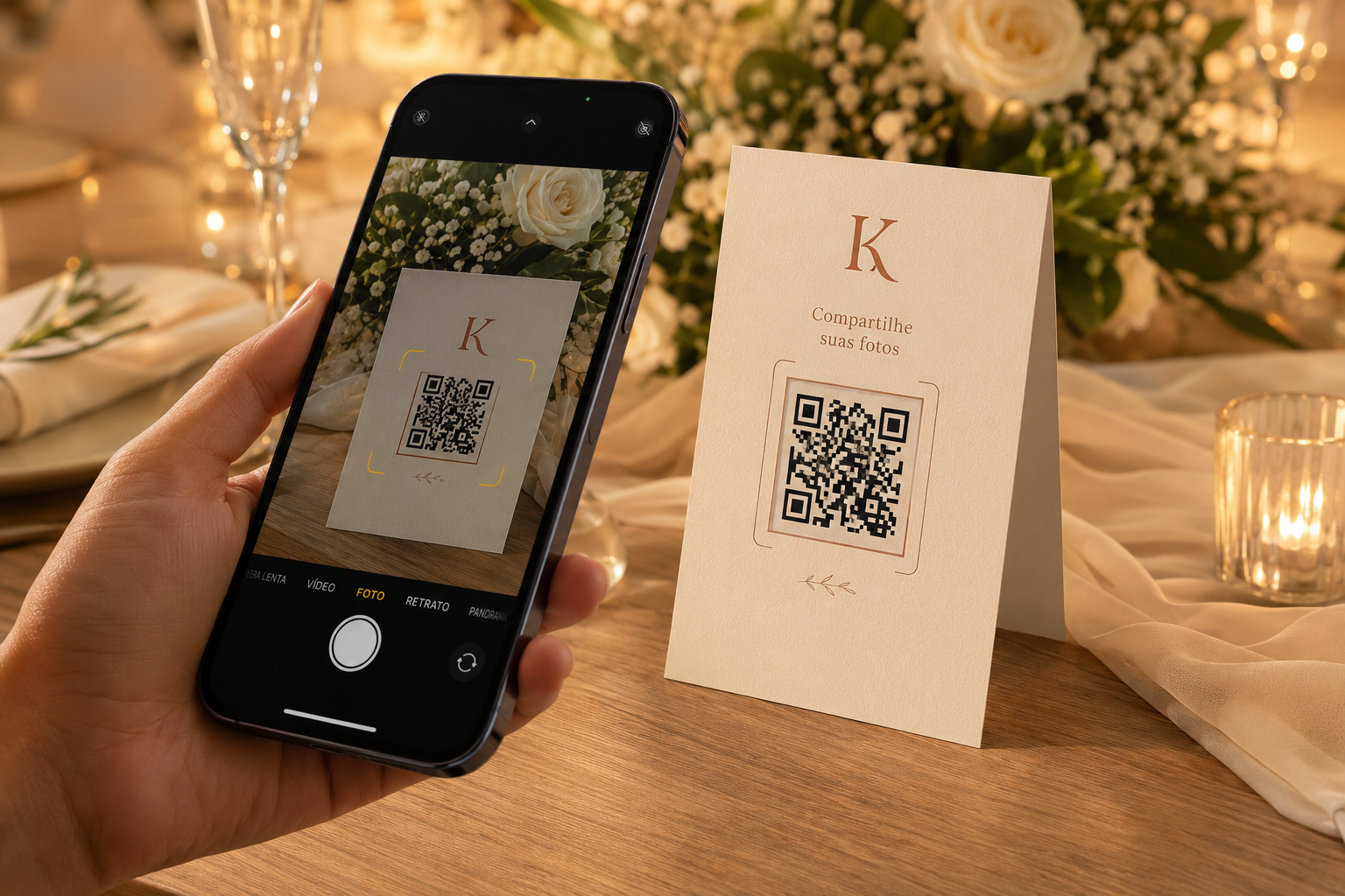 Cartão com QR code em mesa de casamento, sendo escaneado por um celular